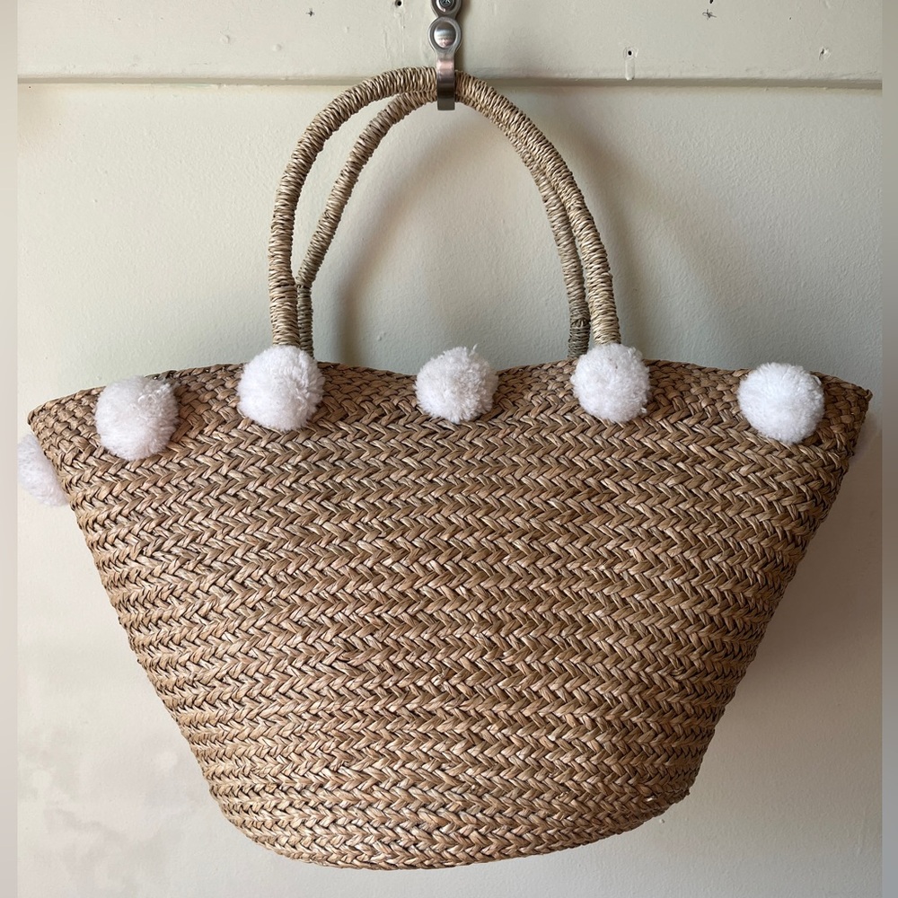 Straw Tote Bag with White Pom Pom  Accents